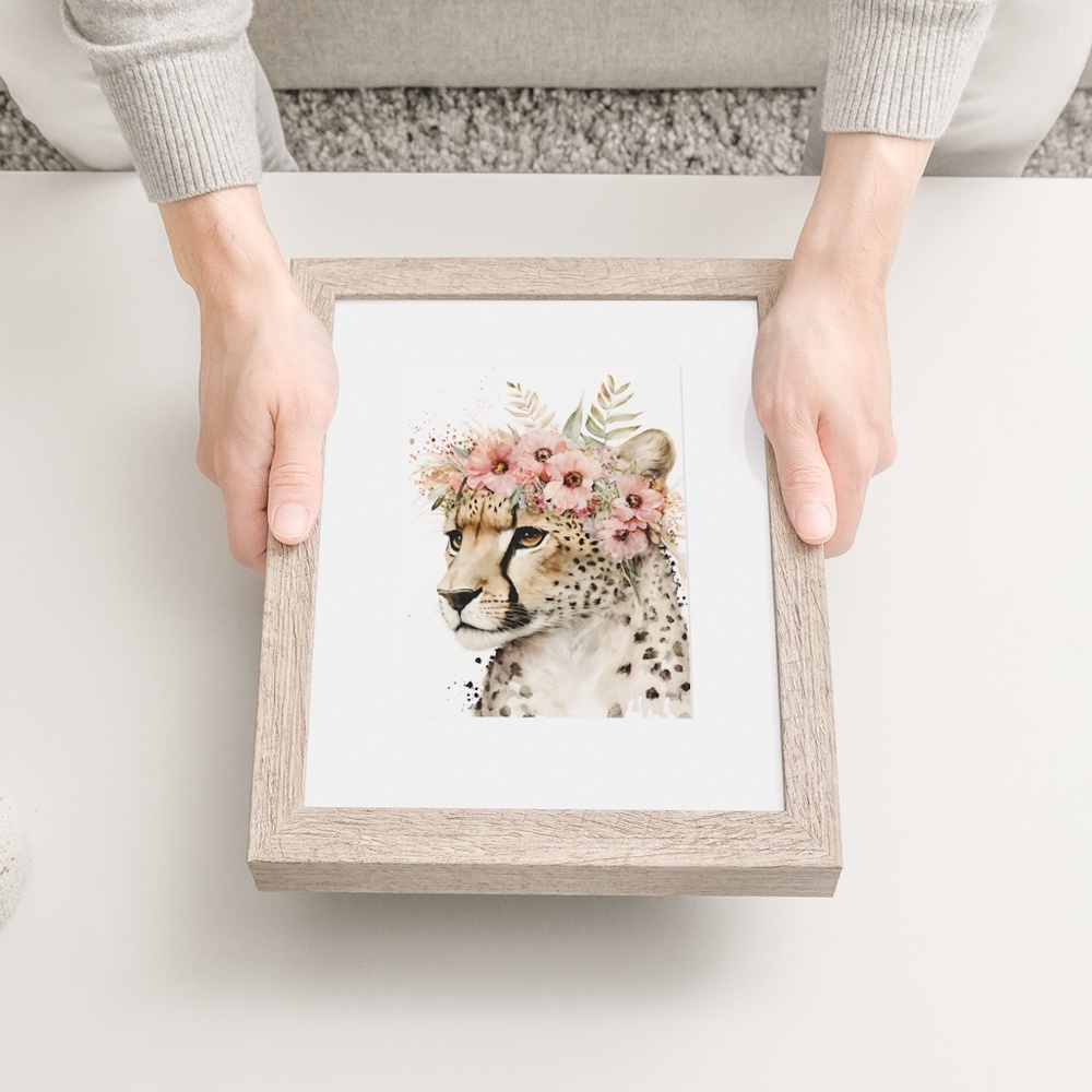 Cute Floral Cheetah Watercolor Wall Art Illustration Print Poster Card Unframed - Picture 7 of 8